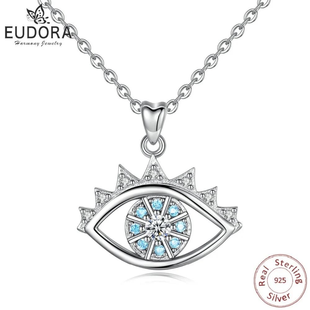 

EUDORA 100% 925 Sterling Silver Blue Evil Eye & Enamel Pendants Necklaces Eye CZ Jewelry for Girl Friend Christmas Gifts D375