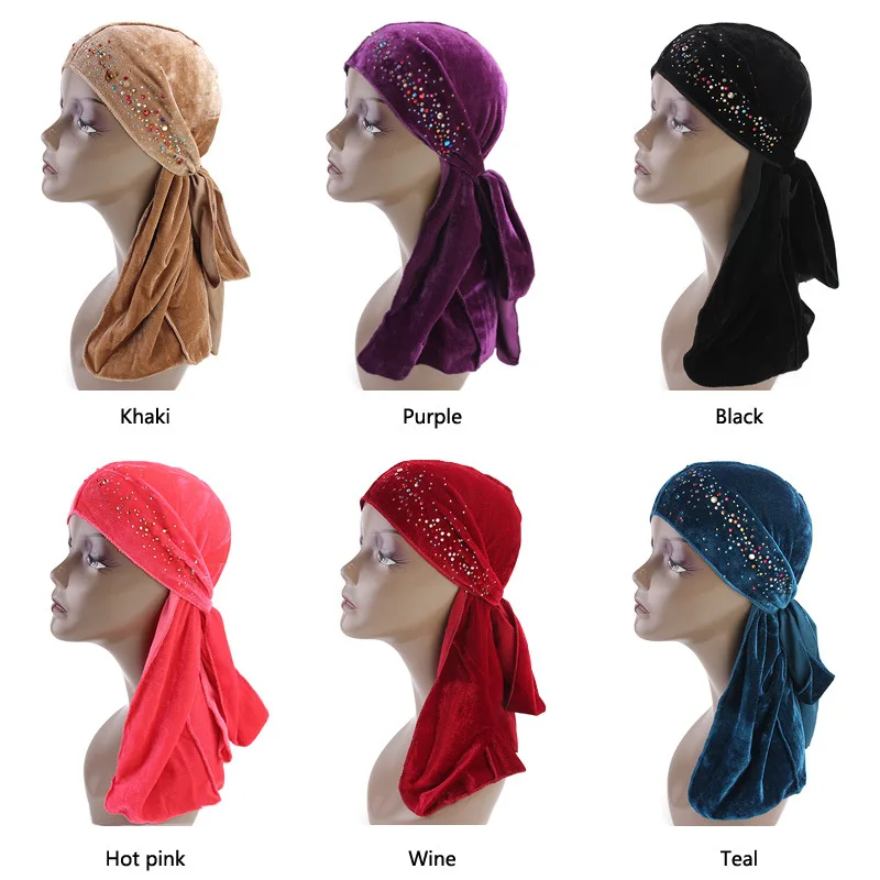 

Fashion Colorful Crystal Glitter Velvet Durang for Women Soft Breathable Durag Bandana Headwraps with Long Tail Wide Straps 2019