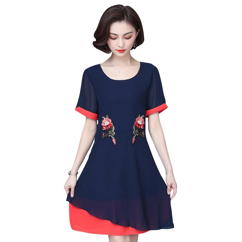 

Women Summer Dresses 2019 Telegant O-neck Short Sleeve A Line Mini Dress Casual Floral Embroidery Chiffon Dress Robe Femme