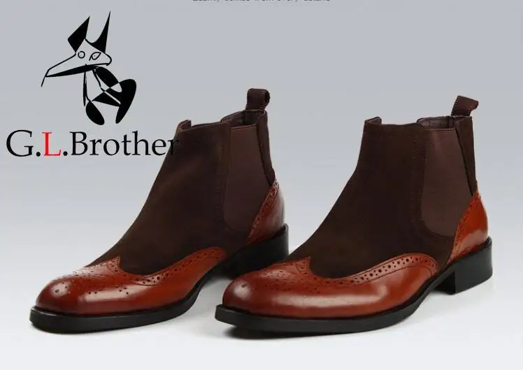 

Carved Brogue Shoes Men Formal Business High Top Casual Shoes Elastic Band Genuine Leather Patchwork Nubuck Ankle Roman Boos