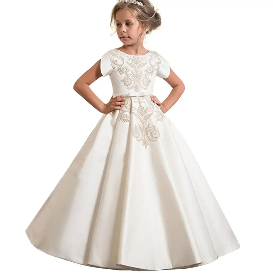 

New Kids Girl's O-Neck Short Sleeve Casual Embroidery Cute Wedding, Party Floral Wedding Long All Seasons Dress