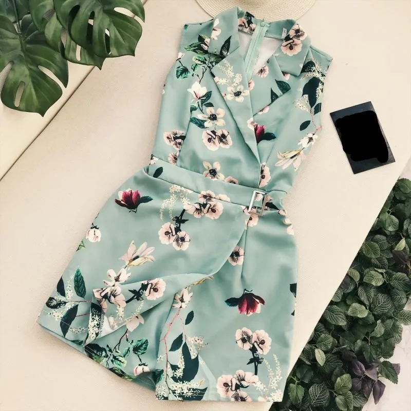 

New Women Lapel Floral Print Casual Rompers SleevelessHIgh Waist Sashes Irregular Sexy Romper Female Loose Overalls