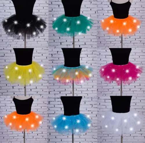 New 8Colors Skirt Women Girl LED Light Up Tulle Tutu Dancing Skirt Fancy Hip Hop Hen Party Halloween Costume 8 Layers