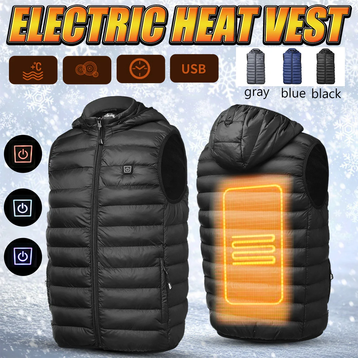 Electric Heated Vest Clothes with Detachable Cap Winter Warm Heat Vest ...