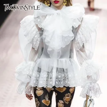 

TWOTWINSTYLE Elegant Womens Shirts Blouse Bowknot Puff Long Sleeve Patchwork Lace Embroidery Hem Tops Female 2020 Spring New