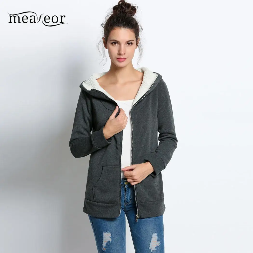 Meaneor Solid Women Hoodies Tops Zip Up Autumn Hooded Coat Jacket Casual Women Outerwear Black Dark Gray Sweatshirt Overcoat