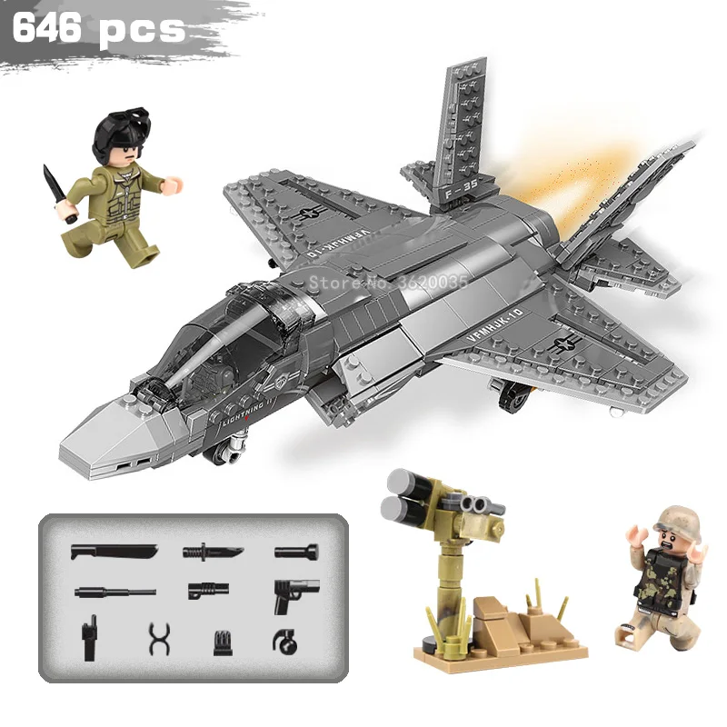 

Military Series 646pcs ww2 Military F35 Fighter Fighter Building Blocks Figures Mini Weapons Model Boy Gift Toy With Legoinglys