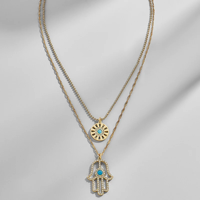 

Bohemian Layered Palm Hand Pendant Choker Necklace Set Golden Carve Portrait Coin Long Chain Necklace Women Vintage Gift
