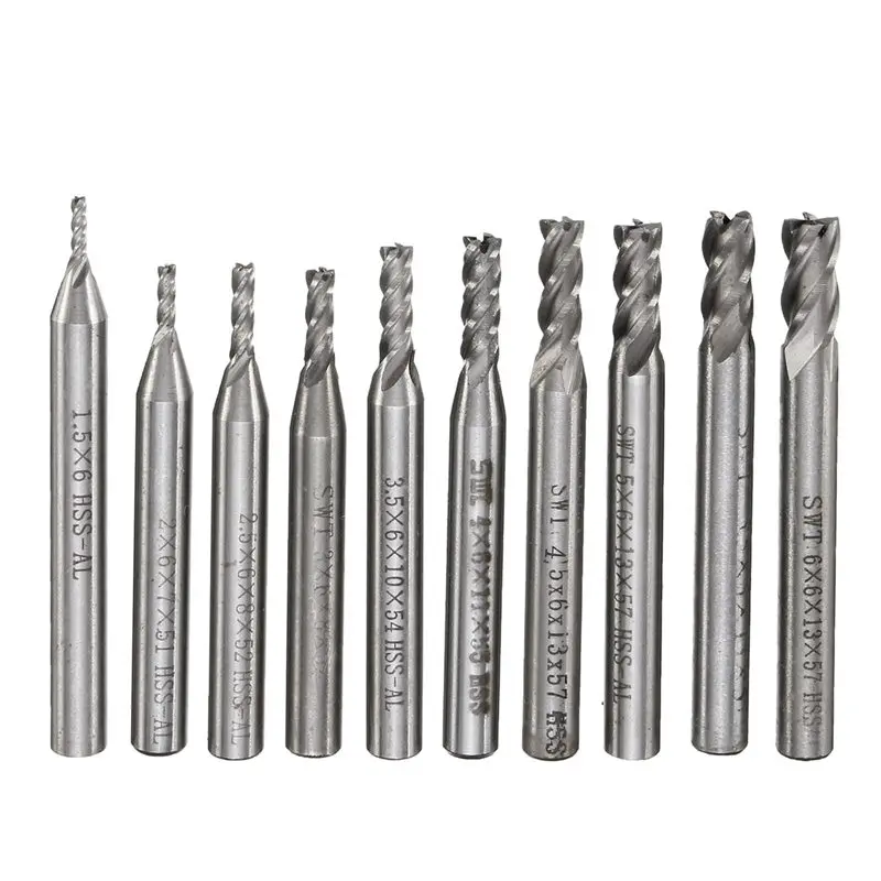 10pcs HSS End Mill Drill Bit 4 Flute for CNC Machine Assembled Milling Cutter 1.5 6mm 10 Size