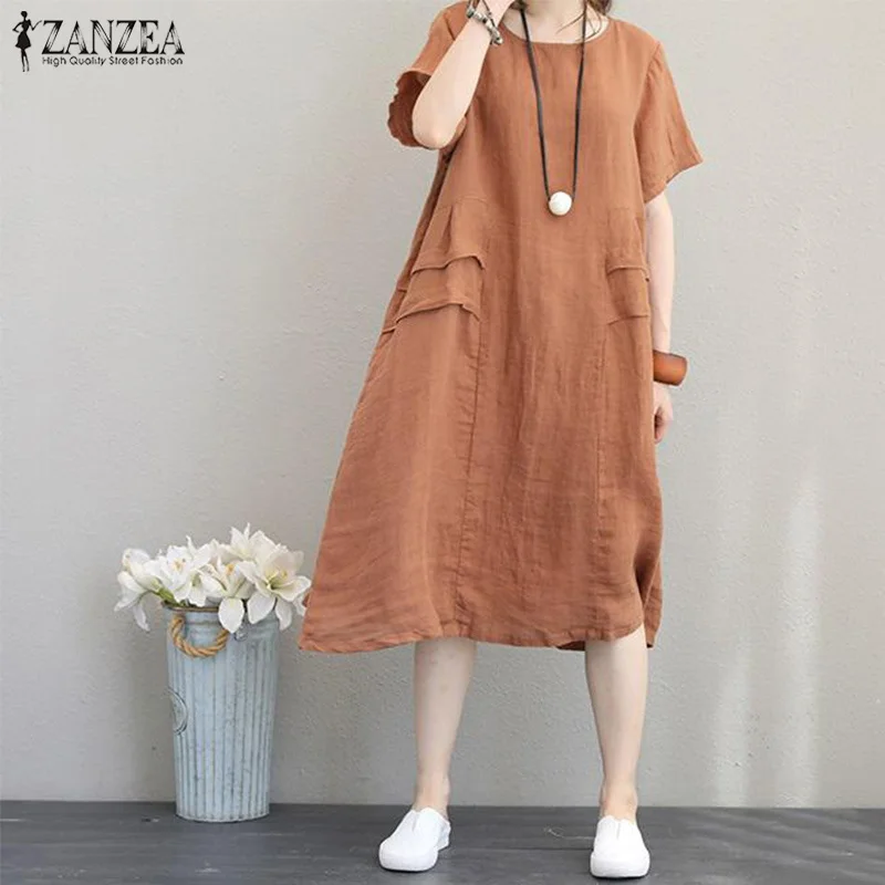 

Vintage Women's Linen Dress Plus Size Summer Midi Vestidos 2019 ZANZEA Female Batwing Sleeve Sundress Robe Kaftan Party Dress
