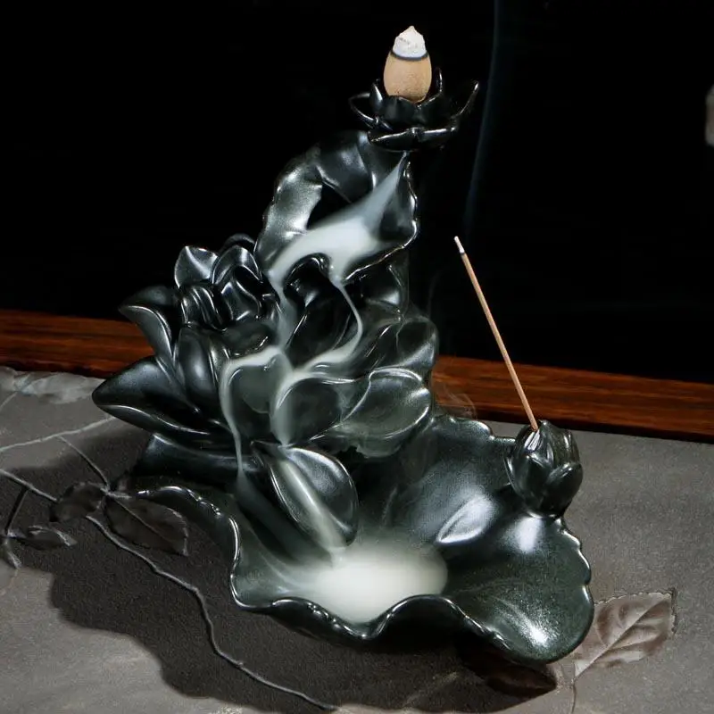 

Lotus Leaf Incense Burner Smoke Waterfall Backflow Incense Holder Lotus Flower Ceramic Censer Meditation Creative Home Decor
