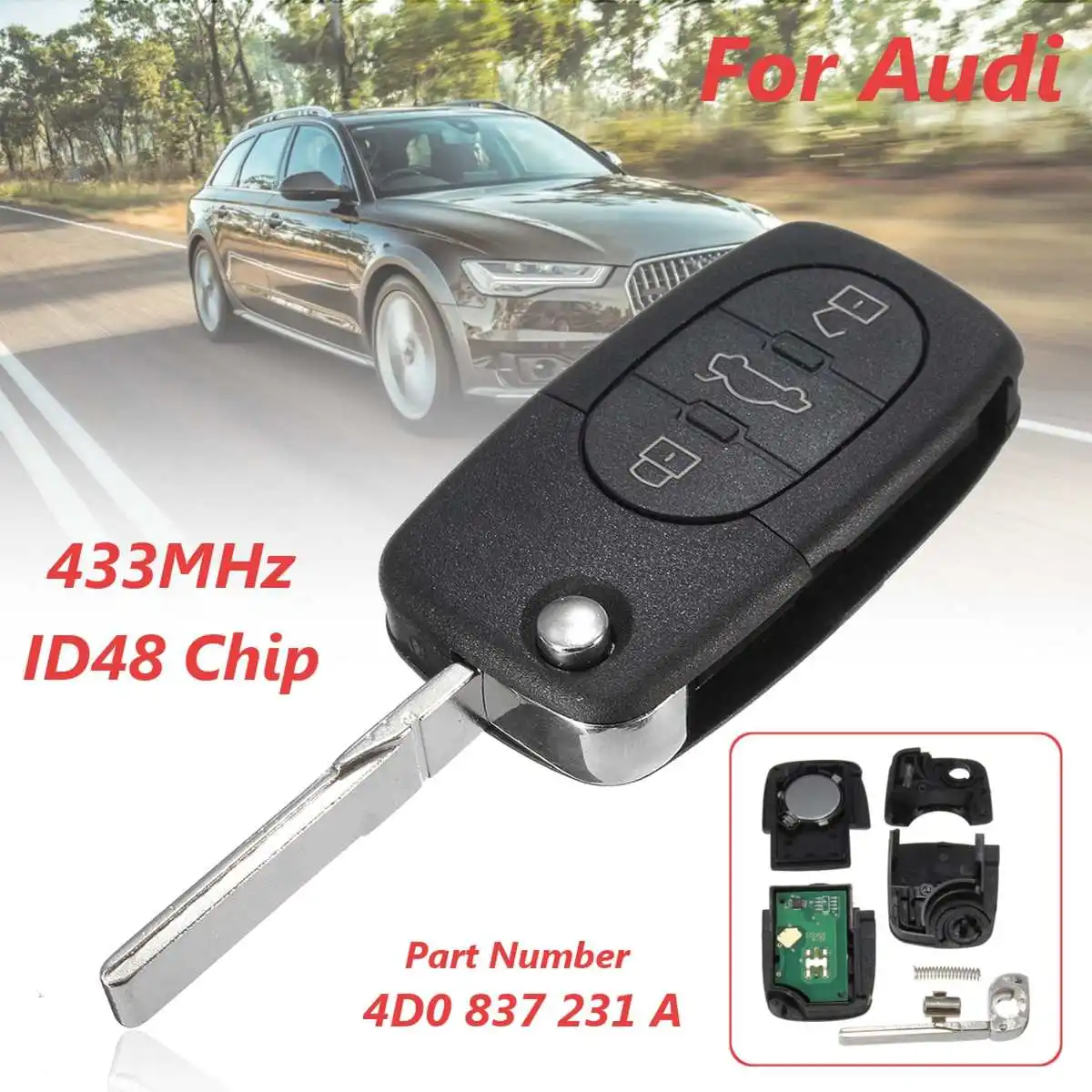 

433MHZ 3 Buttons Flip Remote Key Fob ID48 Chip for AUDI A3 A4 A6 A8 RS4 TT Allroad Quttro RS4 1994 1995 1996 1997 1998 1999-2004