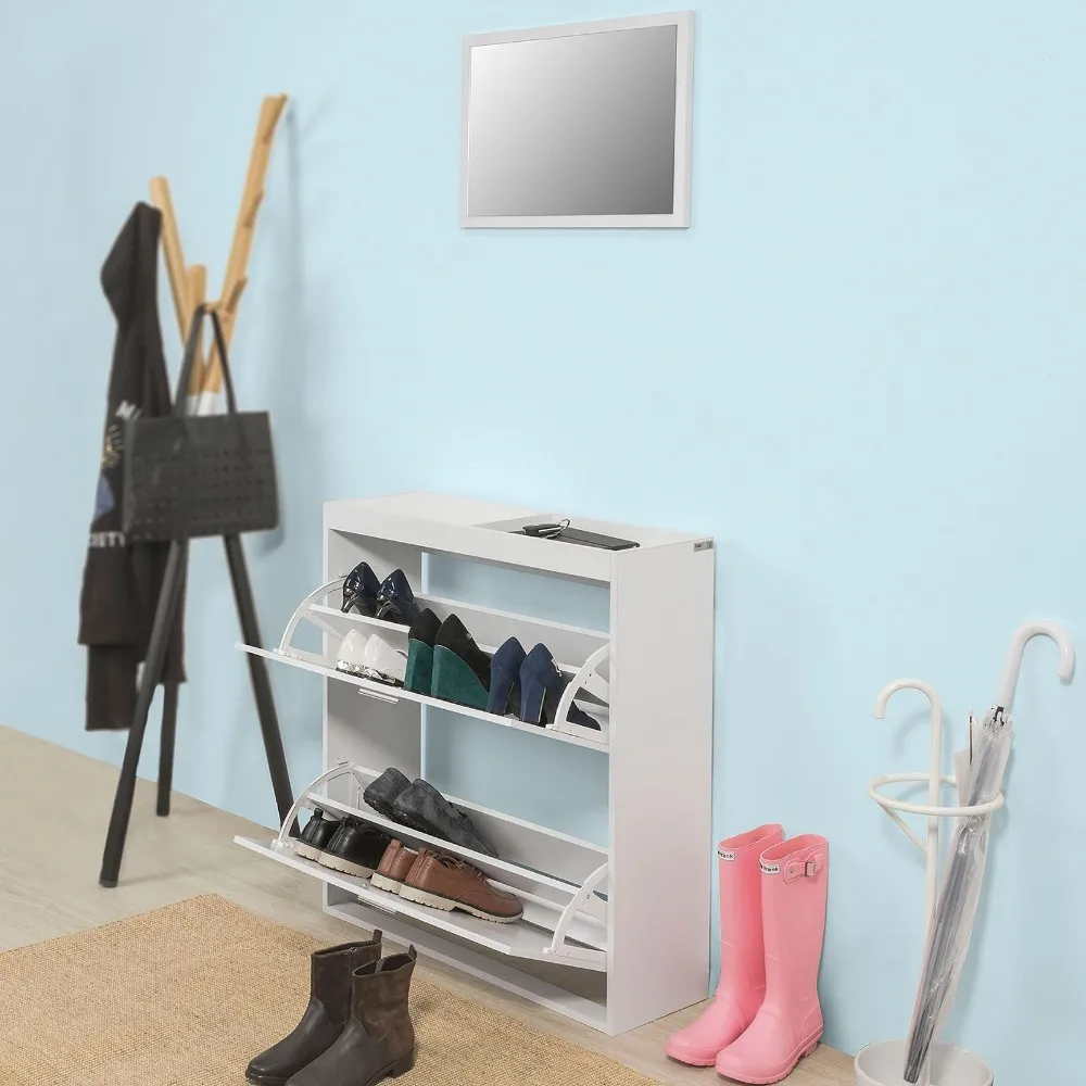 SoBuy FSR61-W, Hallway Furniture Set, Shoe Cabinet Shoe Rack Storage Cupboard with Wall Mirror