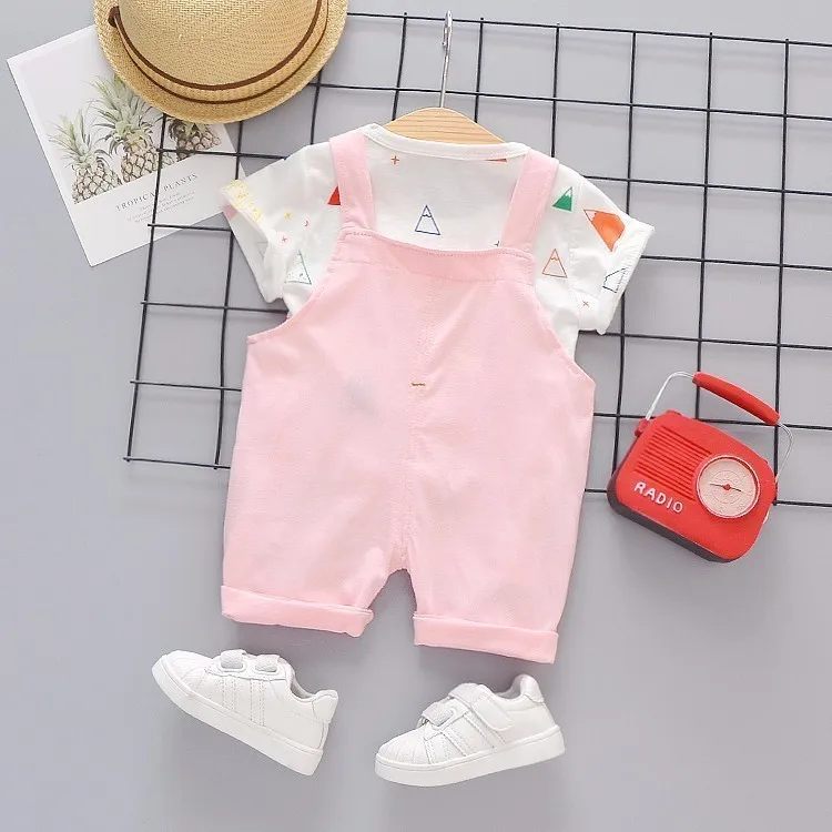 Summer Baby Girls Boys Clothes Infant Color T Shirt Kids Cartoon House Pattern Bib Pants 2pcs/sets Children Casual Sport Suits