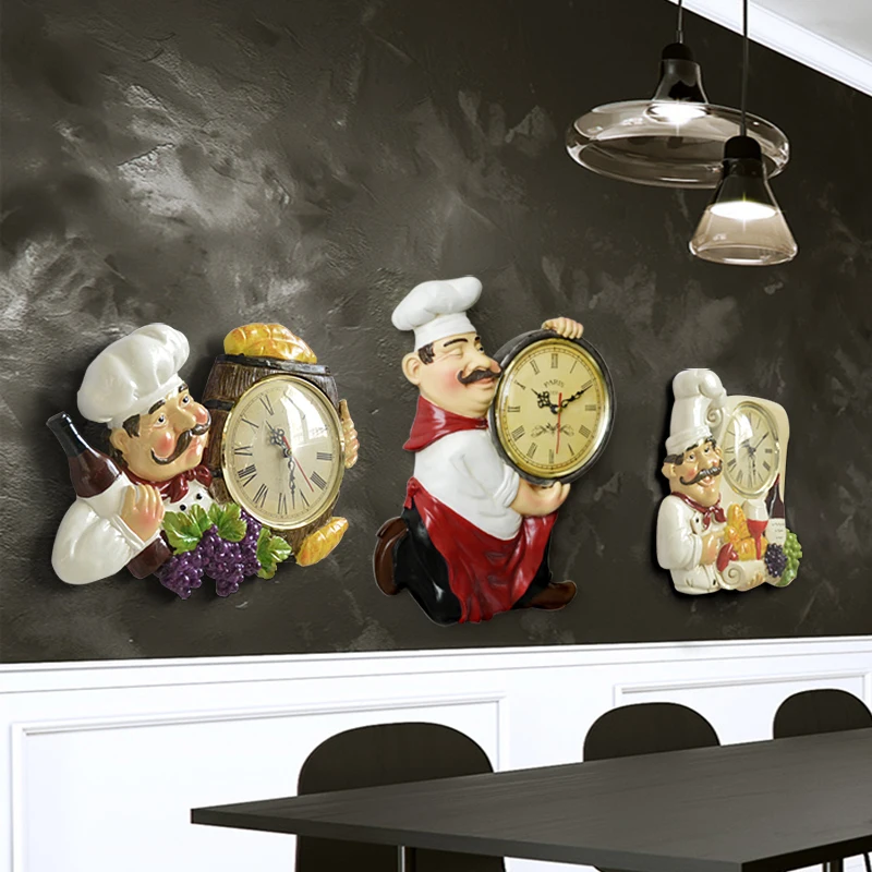 Reloj de pared Vintage decoración del hogar resina Chef estatua reloj silencio cuarzo reloj para sala de estar cocina pared decoración reloj colgante Reloj de pared Vintage decoración del hogar resina Chef estatua reloj silencio cuarzo reloj para sala de estar cocina pared decoración reloj colgante
