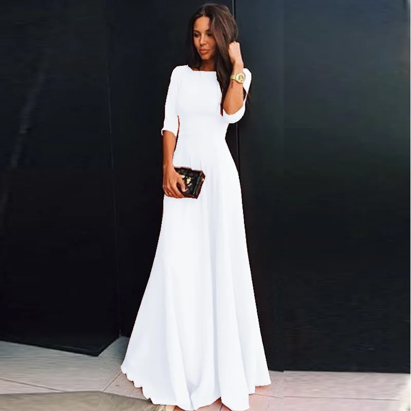 

Summer Women Chiffon Dress Elegant Three Quarter Sleeve Long Dresses White Black Evening Party Dresses Robe Femme Vestidos