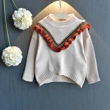 Осенний Модный Цветной пуловер с оборками для девочек вязаный свитер с круглым вырезом топ с сокровищами