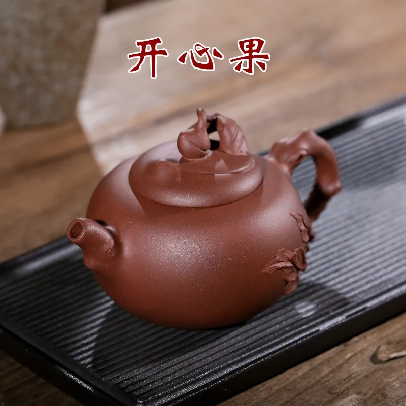 

Hundred Believe Dark-red Enameled Pottery Teapot Yixing Gift Raw Ore Full Manual Applique Pistachio Flower Pot