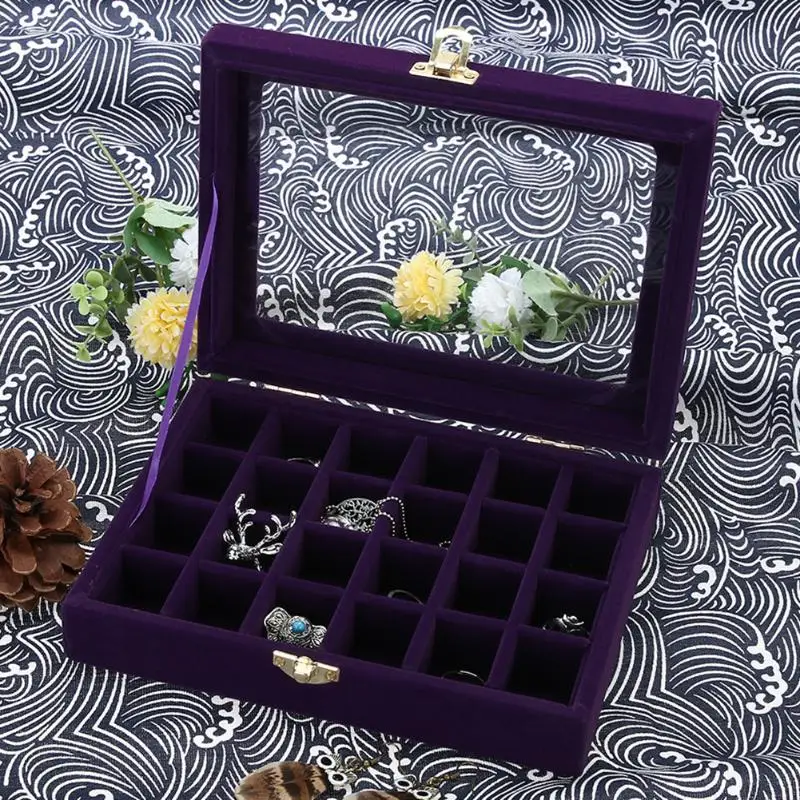 2019 Velvet Jewelry Box 20x15 x 4.5cm Jewelry Tray Holder Storage Jewelry Organizer 24 Grids Ring Ear Studs Jewelry Box