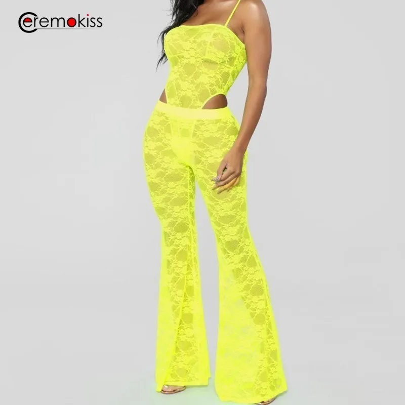 

Ceremokiss Solid Lace Romper Women Jumpsuit Summer Hollow Out Sexy Jumpsuit Body Mujer Long Playsuit Ladies Neon Rompers 2019