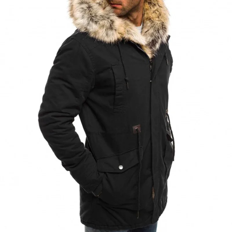 Kaufen Winter Männer Parka Winddicht Fell Kapuze Schwarz Armee Grün Dunkelblau Mode Kühlen Zipper Warme Männer Parka Jacke Mäntel Plus größe