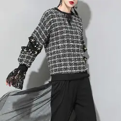 Корея моды новые Для женщин 2019 сезон: весна–лето круглым вырезом длинный рукав Топ женский плед пуловер Толстовка для повседневного