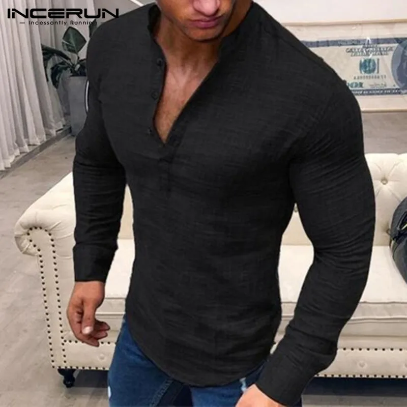 INCERUN Men's Shirt Stand Collar Long Sleeve Fashion Tops Blouse Men ...