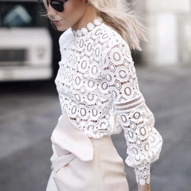 

Womens Blouses Long Sleeve Tops Clothing Casual Tee Shirts Stand Hollow Out Lace White Blouse