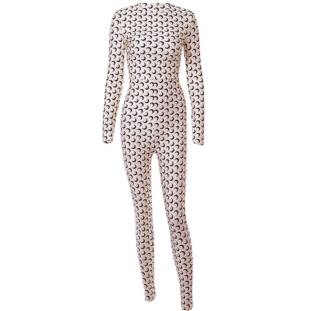 

Long-Sleeved Women Jumpsuit Crescent Pattern O-Neck Slim Sexy Casual Overalls Skinny Rompers