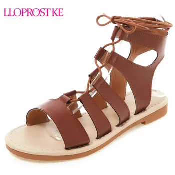 

Lloprost ke Women Bohemia Sandals Gladiator Flat Peep-Toe Cross Strap Sandals Shoes Roman Lace Up Sandals Plus Size 34-50 H159