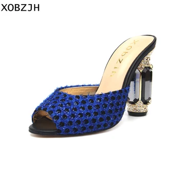 

2019 Genuine Leather Women High Heels Sandals Luxury Ladies Fashion Wedding Party Shoes Blue Shallow Open Toe Plus Size Us 11