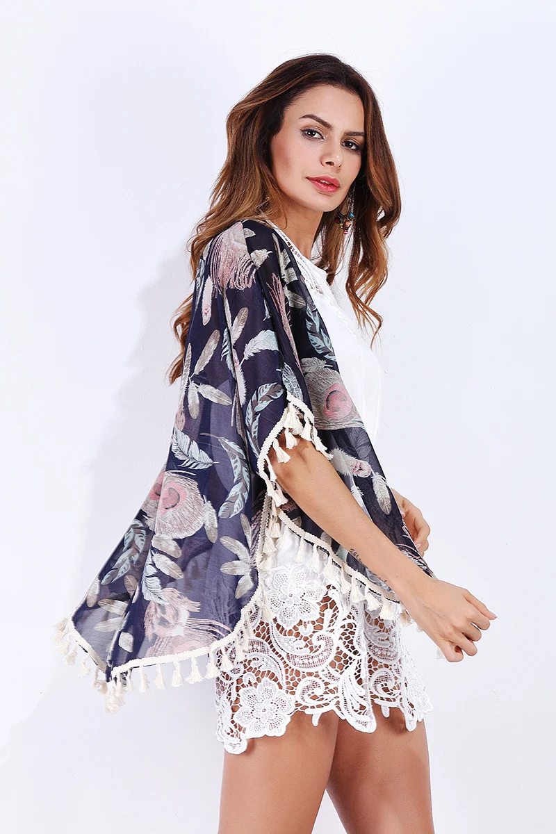 

2019 new female summer clothing printing cardigan shirt fringed side butterfly sleeve chiffon shirt sun protection clothing