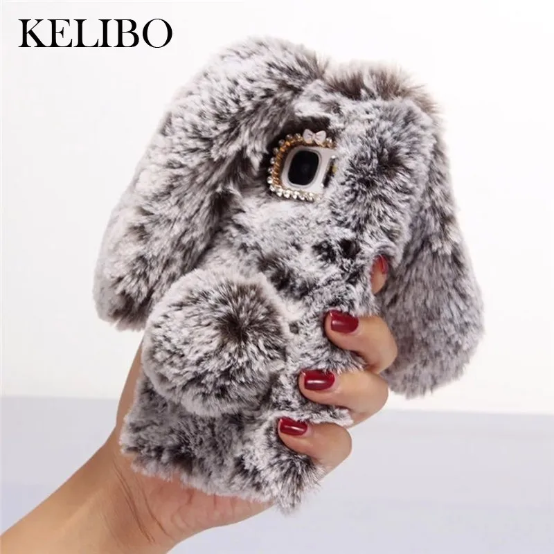 

3D Cute Soft Fluffy Rabbit Warm Fur Case For Samsung S7 edge S8 S9 S10 E A6 A8 Plus Note 8 9 J3 4 5 Elegant Bling Diamond Cover