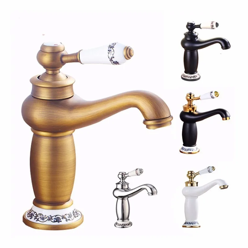

European style copper faucet European antique hot and cold double open basin mixing faucet Blue and white porcelain faucet