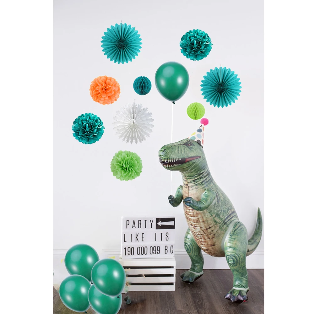 

10pcs Dinosaurs Party Decoration Set Tissue Paper Fans Honeycomb Balls Latex Balloons Pom Poms First Birthday Party Shower