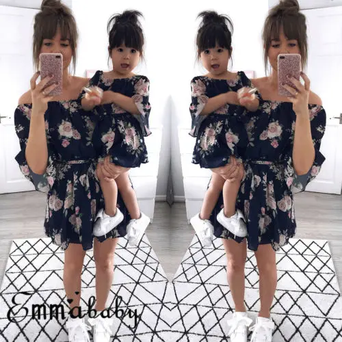 Family Match Floral Dress Mother Daughter Summer Boho Floral Off Shoulder Dress Family Matching Dress Outfits