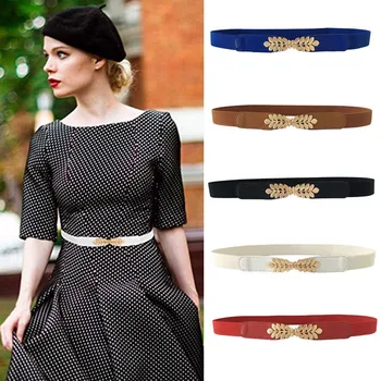 

Flower leaf shape Wedding designer Elastic belts women girl Stretch Skinny Waist Belt Cummerbunds metal female Gold Leaf Buckle