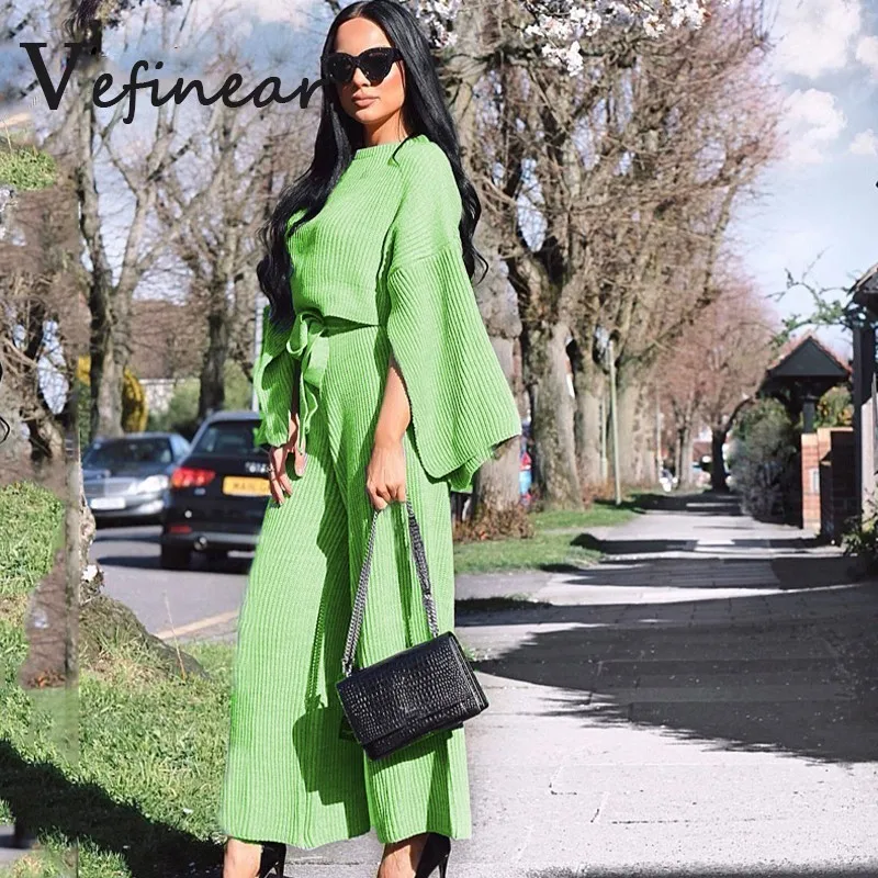 

Green Knitted Sexy Women Suits Split Solid Sweaters And Wide Leg Pants Warm Autumn Sexy Two Piece Suit Ladies Outfits