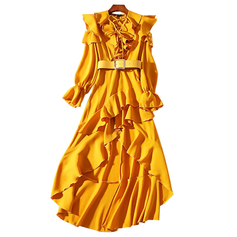 catwalk fashion women mustard yellow flouncing ruffled dress string