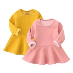 Зимние теплые Детские флисовые плиссированное платье для девочек одноцветное Цвет одежда с круглым вырезом и Длинными Рукавами Детские