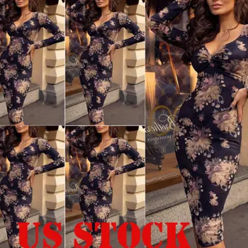 

2019 New Womens Sexy Long Sleeve V-Neck Flower Skinny Dress Cocktail Party Dress
