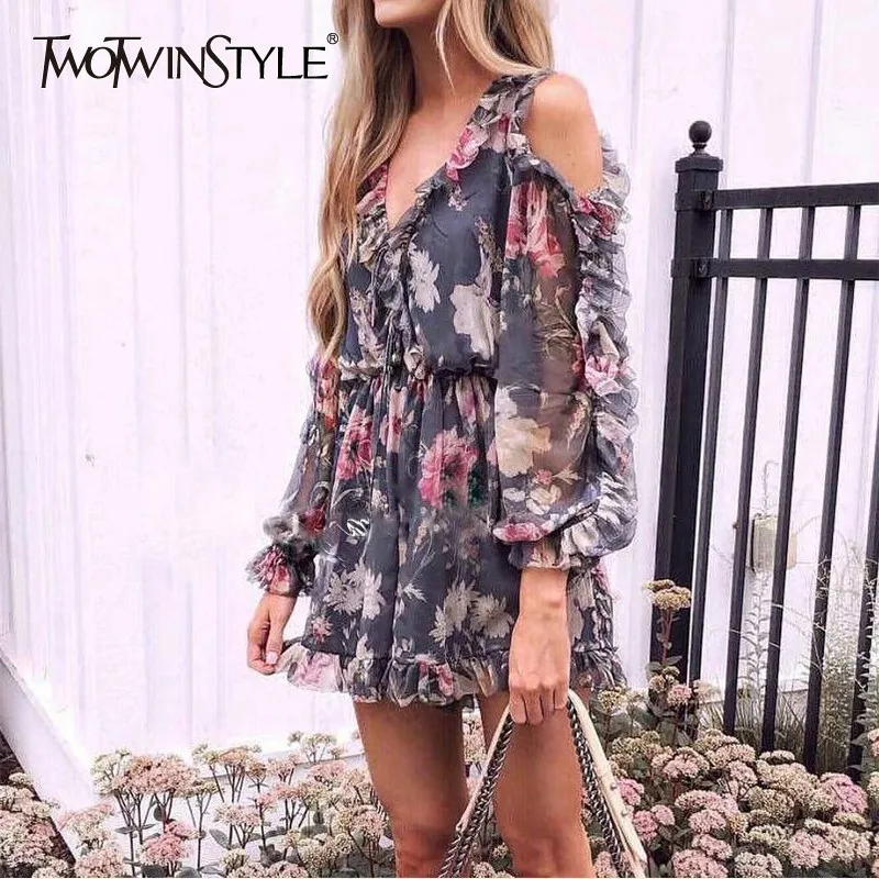 

TWOTWINSTYLE Ruffles Patchwork Jumpsuit Women Print V Neck Perspective Off Shoulder Lace Up Short Female Summer 2019 Fashion New