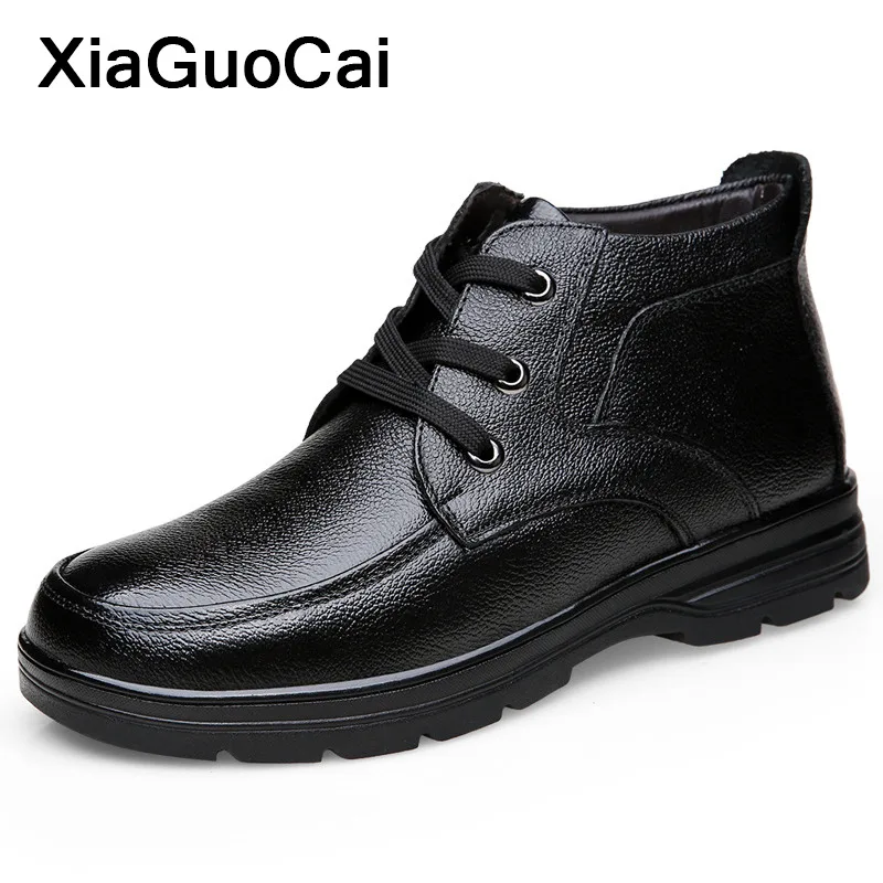 

Winter Men Shoes Warm Martin Snow Boots Fur Lace Up Genuine Leather High Top Mans Footwear For Middle-aged Male Botas Plus Size