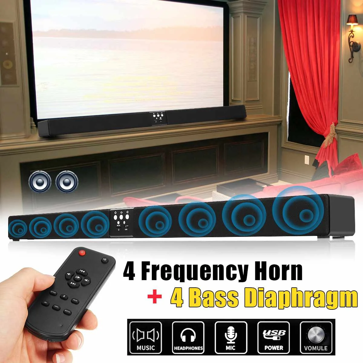 

Wireless bluetooth Soundbar Speaker 4 Horn HIFI 5.1 Sound Bar Virtual Surround Sound Full-range Speaker Remote Home TV Theater