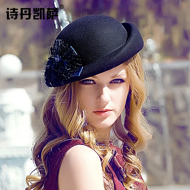 Элегантный женский шерсть цветок черная шляпа винтажное платье в английском стиле зима Для женщин чувствовал Французский Берет Шапки Bone Feminino