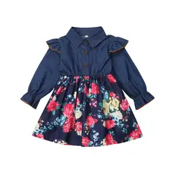 Платье для маленьких девочек малыш комплект принцессы рукав Флай платье из джинсовой ткани одежда с цветочным принтом Лоскутная детская