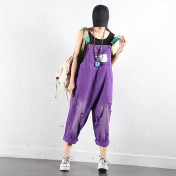 

Purple Wide Leg Bib Denim Overalls Women casual Jumpsuits oversized hole ripped baggy Suspenders jeans loose Cowboy Overalls