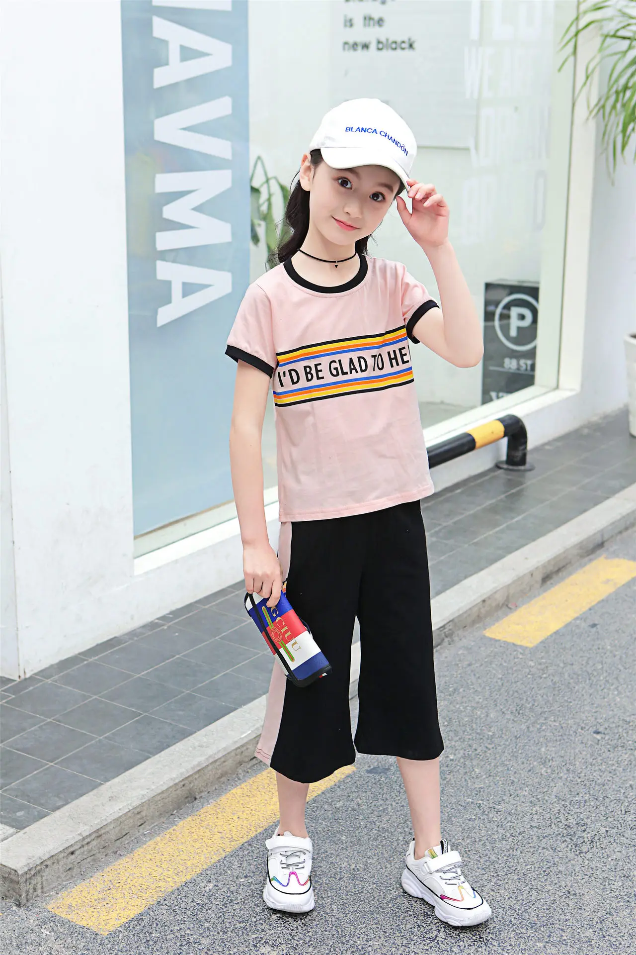 

Girl's new summer wear short-sleeved female children's summer suit modern western style campaign wide-legged pants female childr