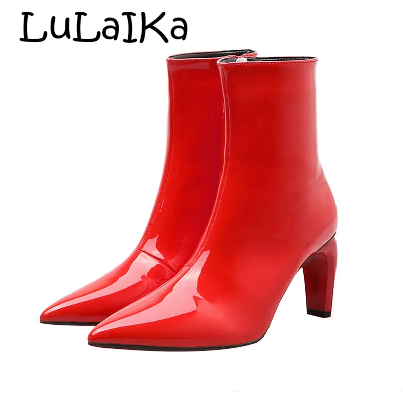 

2018 Winter Hot Women Shoes Pointed Toe Pumps Sexy Patent Leather Solid Color Zipper Elegant Woman Party Wedding High Heel Boot