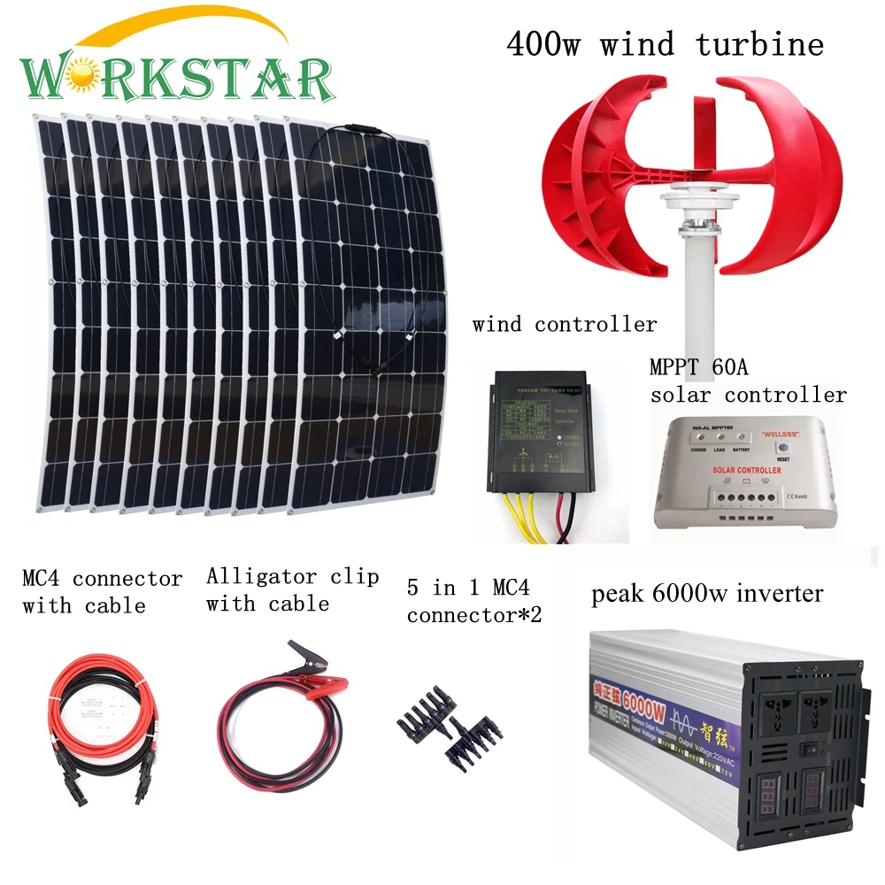 

10pcs 100W Flexible Solar Modules+400W Vertical Wind Generator with 6000W Inverter and Controllers 1400W Wind Solar Power System